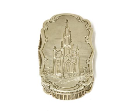 A silver castle top vinaigrette,Nathaniel Mills, Birmingham 1847,of serpentine shape, the cover with a view of the Scott Memo