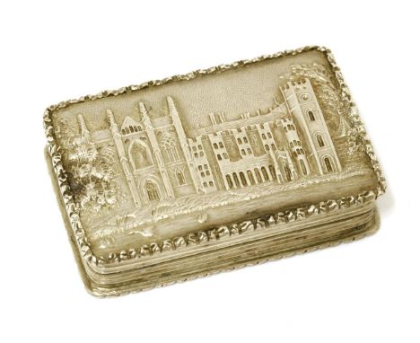 A silver top vinaigrette,Nathaniel Mills, Birmingham 1837,the cover with a view of Newstead Abbey, the base engine turned, th