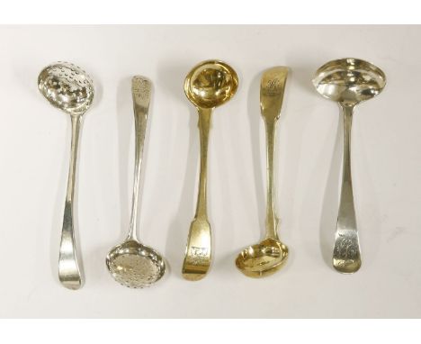 A George III small Old English pattern spice sifter spoon,Richard Crossley, London 1784, anotherWilliam Hey and William Fearn