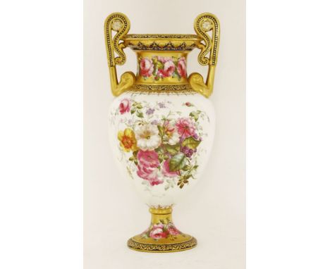A large Copeland two-handled vase, Goldsmith shape, painted with bouquets and bands of flowers on gilt and white grounds, eac