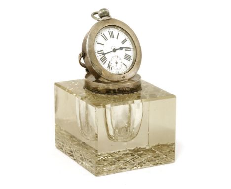 A cut glass and silver-mounted combination inkwell/desk clock, Finnigans Ltd., Birmingham, early 20th century,10cm high