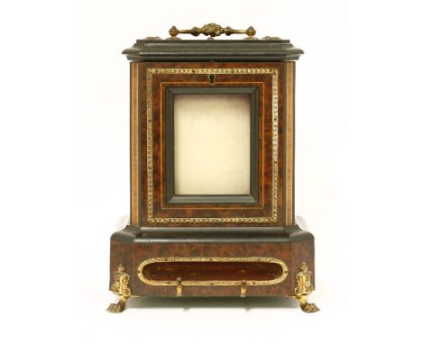 A Victorian burr walnut musical cheroot dispenser,with strung and crossbanded decoration and gilt metal mounts, the hinged co