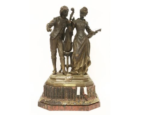 Ernest Rancoulet (French 1870-1915),A bronze group depicting two musicians in 18th century costume, standing on an ormolu mou