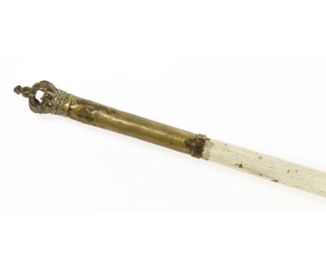 A 'church poking stick',probably late 17th century, the white painted shaft with a brass ferrule and crown, 185cm high