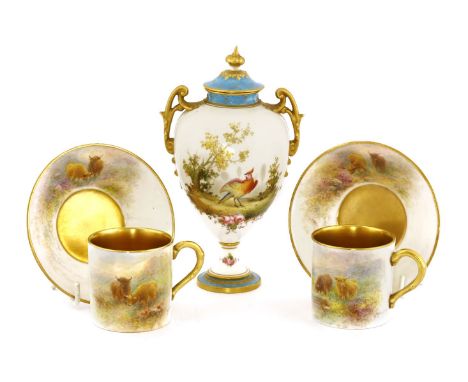 A pair of Royal Worcester cups and saucers,dated 1959, painted with highland cattle, each signed 'H Stinton', printed mark fo