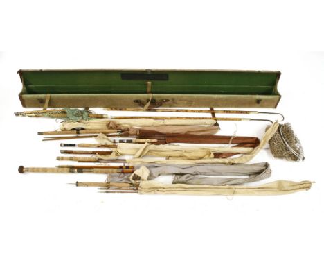 Fishing - a green canvas covered rod box,labelled for 'Capt. F,R. Ryland R.Berks Regt.' and New Zealand Express Company trave
