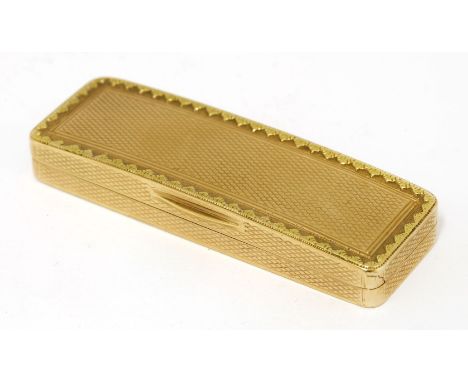 A George III 18ct gold toothpick box,Alexander J Strahan, London 1805,the narrow rectangular box with engine turned decoratio