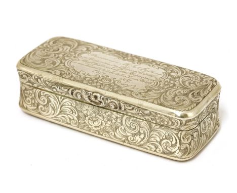 A Victorian silver snuff box,Yapp and Woodward, Birmingham 1855,of narrow rectangular form decorated with scrolling foliage, 