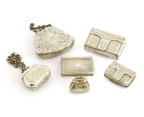 Five silver vinaigrettes:Birmingham 1818,of satchel shape with engraved decoration,3.7cm.Birmingham 1819,in the form of a han