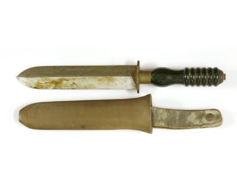 A Siebe Gorman diver's knife, the double-edged blade inscribed with a maker's mark, a ring turned Bakelite handle, within a h