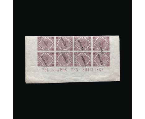 Great Britain - Telegraphs : (SG T16) 1877 10s, IMPERF COLOUR TRIAL IN DULL CLARET, ovptd. SPECIMEN Type 8, block of 8 (4 x 2
