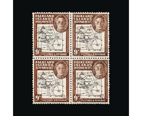 Falkland Islands - Dependencies : (SG G7/a var) 1946-49 thick map 9d, block of 4, one with 'Gap in 80th Parallel' variety, al