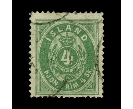 Iceland : (SG O9) 1873 Official perf 14 x 13½ 4sk green, centred to bottom, fresh, light partial cds cancels, some short/miss