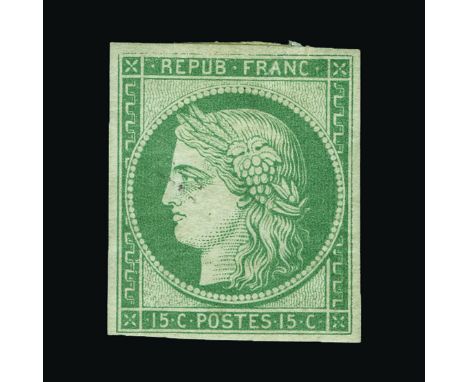 France : (SG 4) 1850 Ceres 15c green on bluish-green - good-looking example with even margins and much original gum - large t