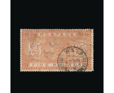 Great Britain - QV (surface printed) : (SG 133) 1867-83 blued paper £5 orange, CN, centred slightly to NW, light violet boxed