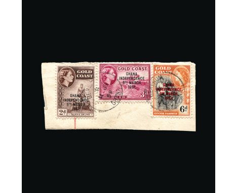 Ghana : (SG SG177a) Small piece bearing 2d, 3d and 6d individually cancelled BEREKUM 11 JY 59 (Red overprint type.30) MAJOR E