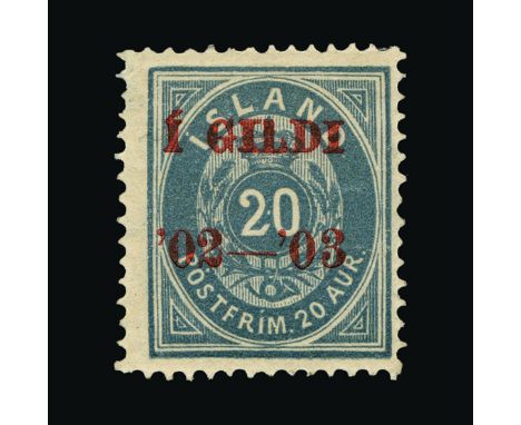 Iceland : (SG 61a) 1902-03 GILDI ovpt. perf 14 x 13½ 20a grey-blue, OVERPRINTED IN CARMINE, centred to right, small corner gu