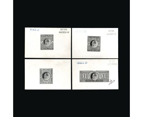 Great Britain - KEVII : 1902 2s6d to £1 RARE SET OF DIE PROOFS in black on white glazed card, the markings are 2s6d (BEFORE H