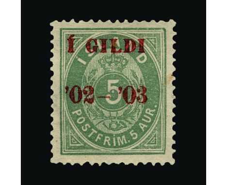 Iceland : (SG 57) 1902-03 GILDI ovpt. perf 14 x 13½ 5a light green, with carmine ovpt., well centred, expertised DR. DEBO, BP