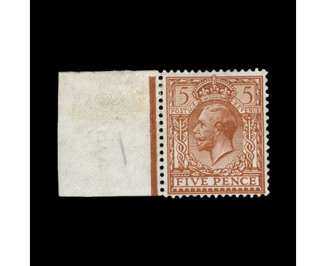 Great Britain - KGV : (SG 382a) 1912-24 5d yellow-brown, WITHOUT WATERMARK, centred to bottom, h/r, fresh marginal m.m. Very 