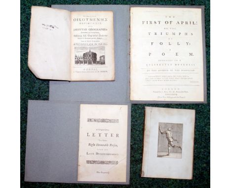(COMBE WILLIAM).  The First of April or The Triumphs of Folly, A Poem. 38pp. Quarto. Mod. card wrappers. 1st ed., 1777; also 