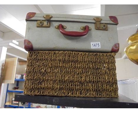 A small vintage suitcase and a wicker hamper basket. COLLECT ONLY.