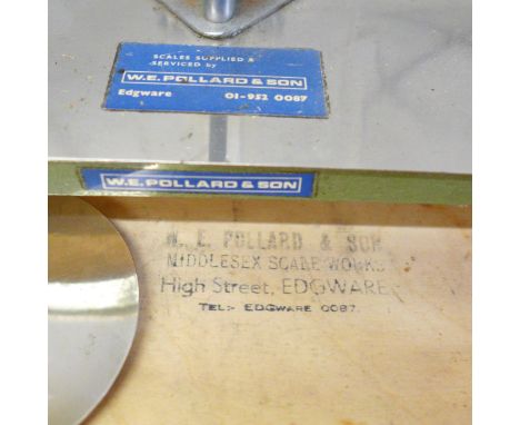 A set of measuring scales, W.E Pollard &amp; Son and a collection of weights 
