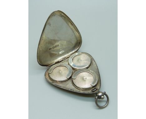 A silver tri-angular shaped triple sovereign holder, William Neale, Chester 1904, engraved, (base to button 6cm) 