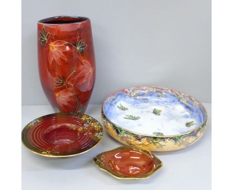 Four items of lustre china; Crown Devon and Carlton ware Rouge Royale dishes, a Grimwades bowl and an Anita Harris vase 