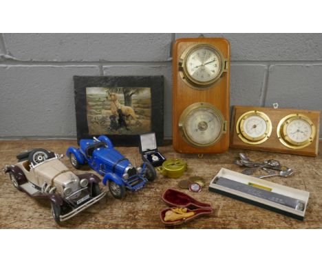 Two model vehicles, two wall clock/barometers, a Hero harmonica, an Engineer Directional compass, spoons, etc. **PLEASE NOTE 