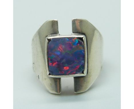 A rare modernist silver ring by Sidney Beddall set with black opal, Sheffield 1970, J, opal a/f 