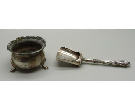 A William IV silver caddy spoon, Birmingham 1834, a/f, and a silver salt, salt 25g 