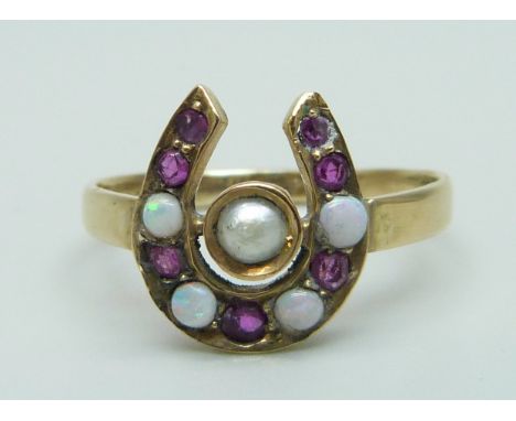 A 14ct gold, ruby, opal and pearl horseshoe ring, 3g, S 