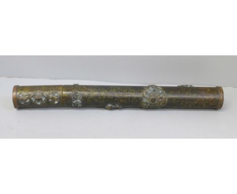 A Chinese metal scroll holder 