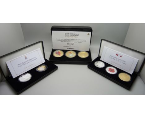 Coins; a set of three £5 Remembrance Day coins, three A Royal Life Together coins and 90th Birthday coin pair including a £5 