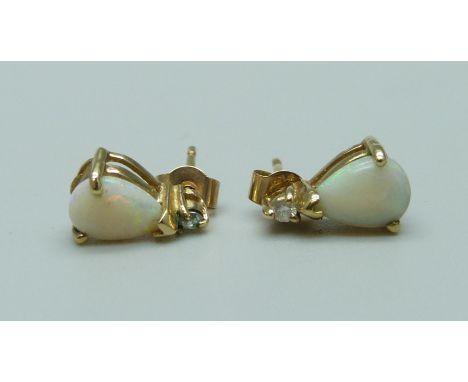 A pair of 9ct gold, opal and diamond earrings, 1g 