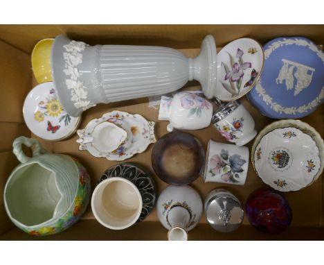 Two boxes of decorative china including Derby Posies, Shelley, Wedgwood, Carlton Ware, Worcester, Aynsley, etc., a Caithness 