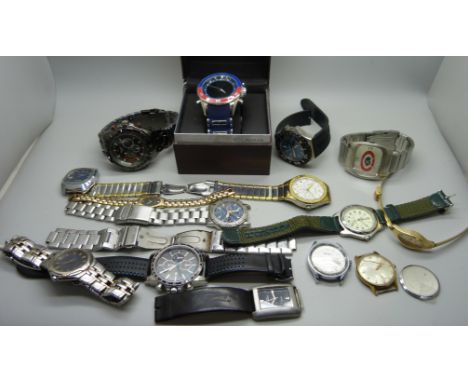 A collection of wristwatches including Seiko chronograph, one other Seiko, Rotary, NY London, etc. 