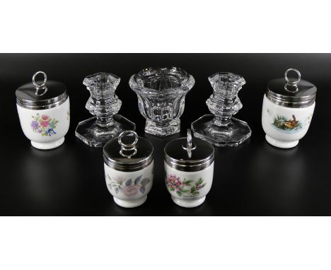 A Baccarat glass pot, a pair of Baccarat candlestick holders, and four Royal Worcester egg coddlers, pot lacking spoon and li