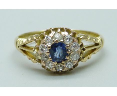 A Victorian 18ct gold, sapphire and diamond ring, 2.4g, L 