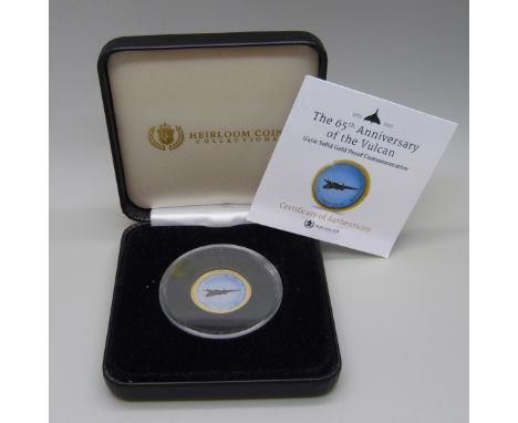 A ¼oz. solid gold proof commemorative coin, the 65th Anniversary of the Vulcan, 7.78g of 9ct gold, proof quality, limited edi