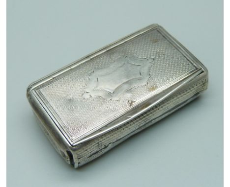A continental silver snuff box with control marks, 39g, 61mm wide, dented 