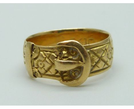 A late Victorian 18ct gold buckle ring, worn Chester mark, 4.8g, L/M 