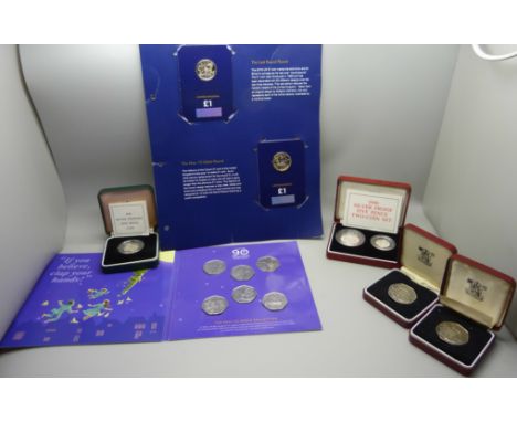 A 2020 Peter Pan 50 pence collection, two Royal Mint 1973 50p coins, a 1990 silver Piedfort 5p coin by Royal Mint, a 1990 sil