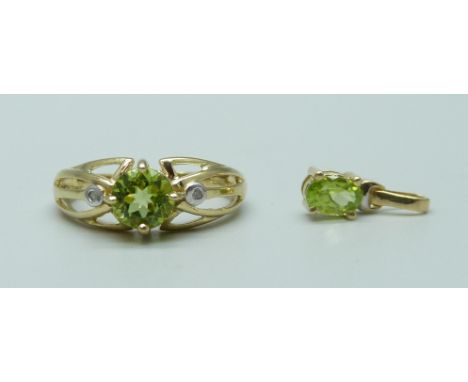 A 9ct gold ring set with peridot and diamonds and a 9ct gold pendant set with peridot, 3.3g, ring size N 