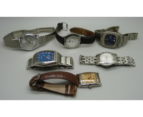 A collection of six gentleman's wristwatches including Rotary, Lorus, Armani, etc. 