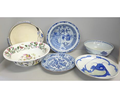 Six items of pottery; four oriental pieces, a/f, a Quimper fish dish and a Portmeirion Botanic Garden bowl **PLEASE NOTE THIS
