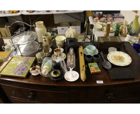 A two tier cake stand; a Bernard Rooke; pottery mug; a glass ship in bottle ornament; a miniature miners lamp; sugar sifter e