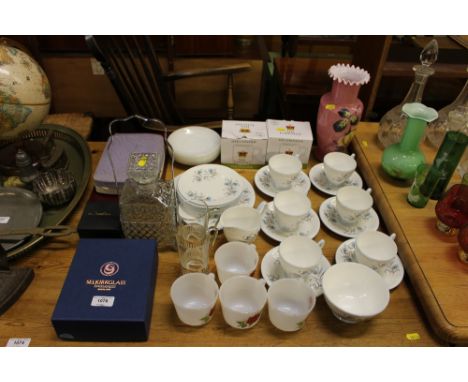 A Victorian glass overpainted vase; a quantity of Royal Standard "Caprice" teaware; two boxes mugs ; a decanter on stand; cas