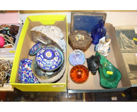 Two boxes containing a Malachite ash tray; a silver photo frame; two glass paperweights; an enamel pot and cover with two mat